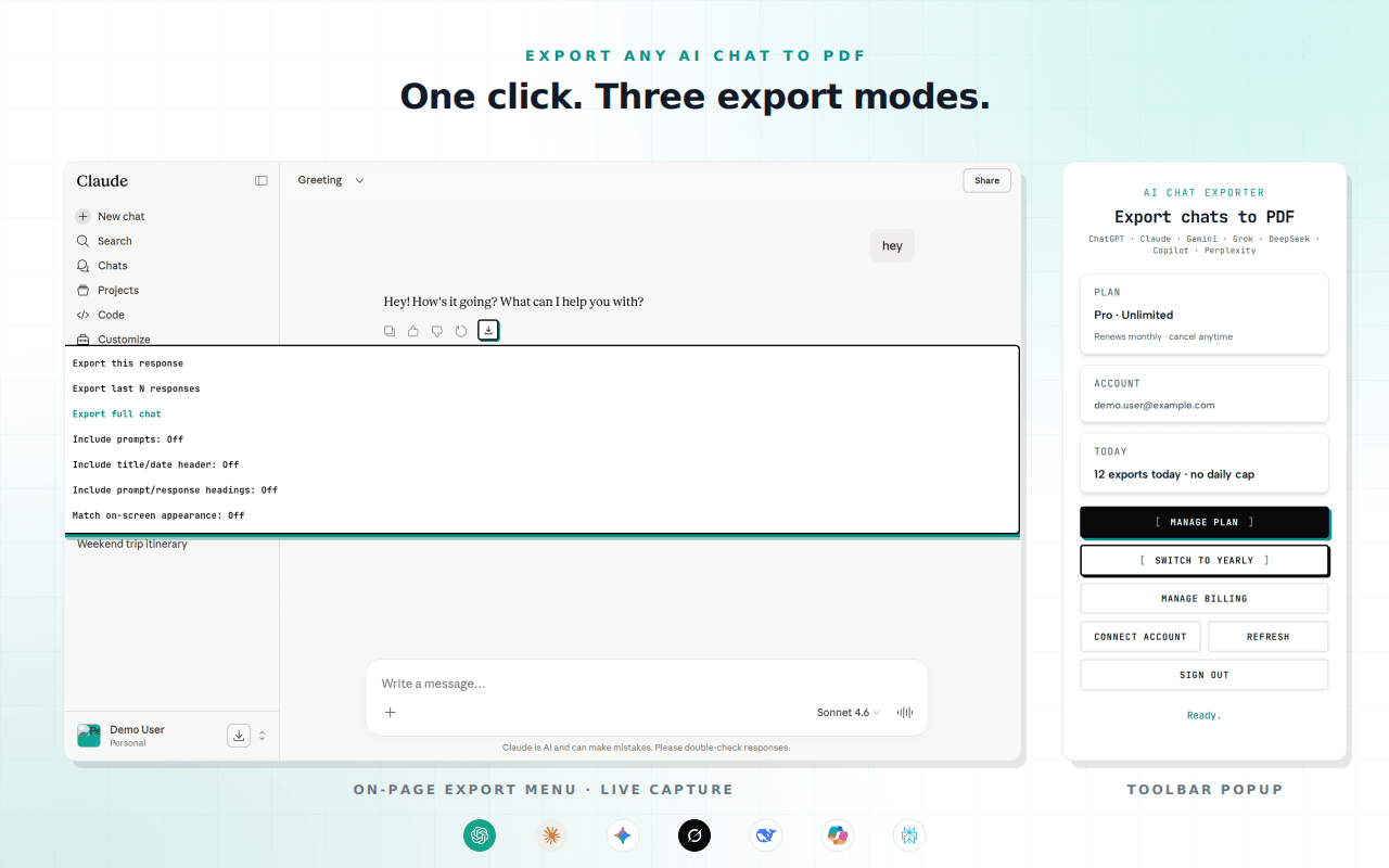 AI Chat Exporter Chrome extension exporting a chat to PDF, showing the on-page export menu and toolbar popup